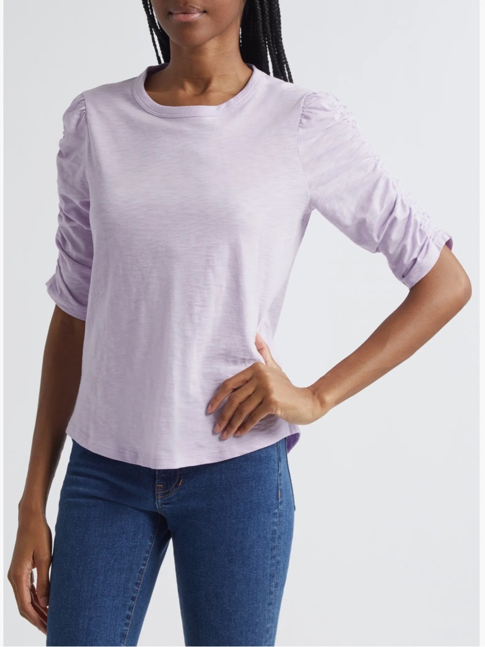 Veronica Beard Lilac Ruched-Sleeve Long Sleeve Tee